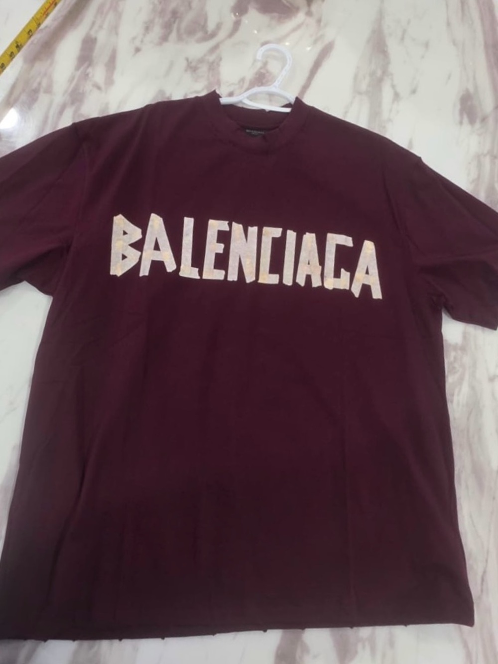 Balenciaga Men's Tee in Burgundy with Cream Logo size L oversized like XL
